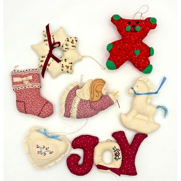 Vintage Handcrafted Fabric Christmas Ornaments Set of 7 Embroidered Farmhouse - Picture 1 of 16